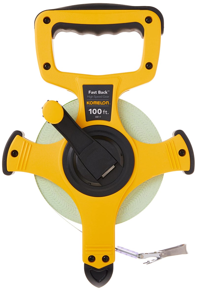 Komelon 8811 Fast Back Open Reel Long Tape Measure with Double Nylon Coated Fiberglass Blade 100-Feet by 1/2-Inch, Yellow,White - Image 1